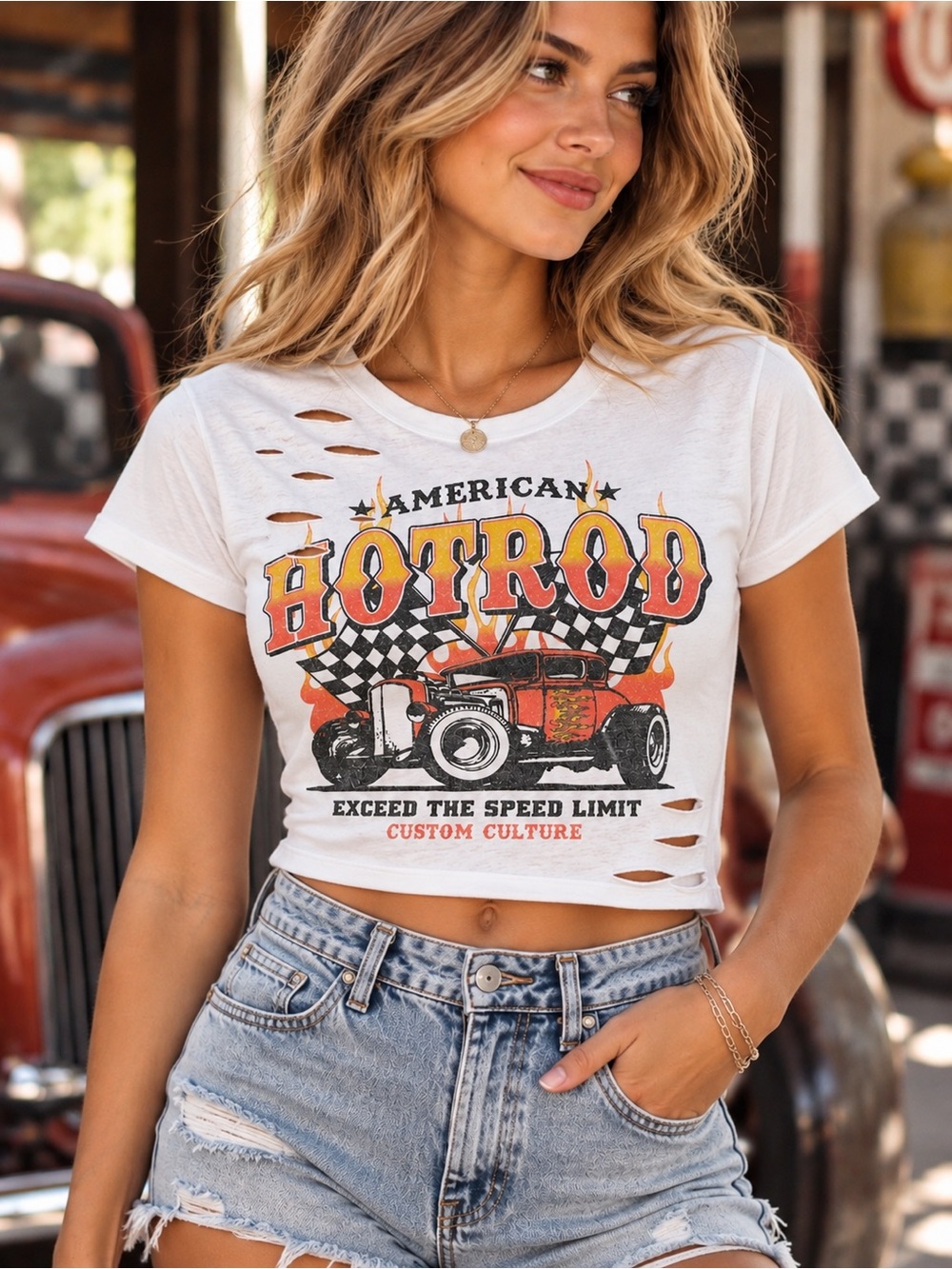 White American Hotrod Graphic Crop Tee